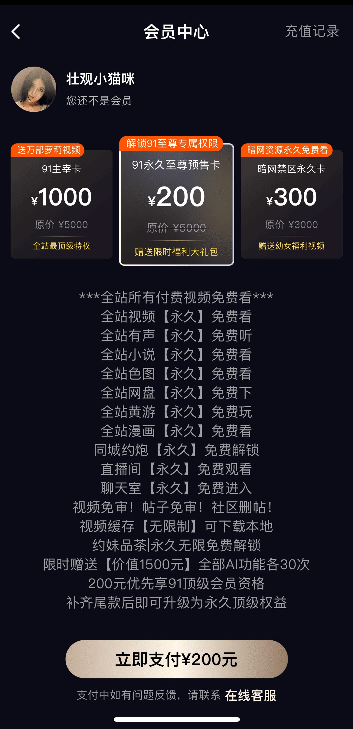 91PO会员中心多档会员卡权益明细与在线支付页面